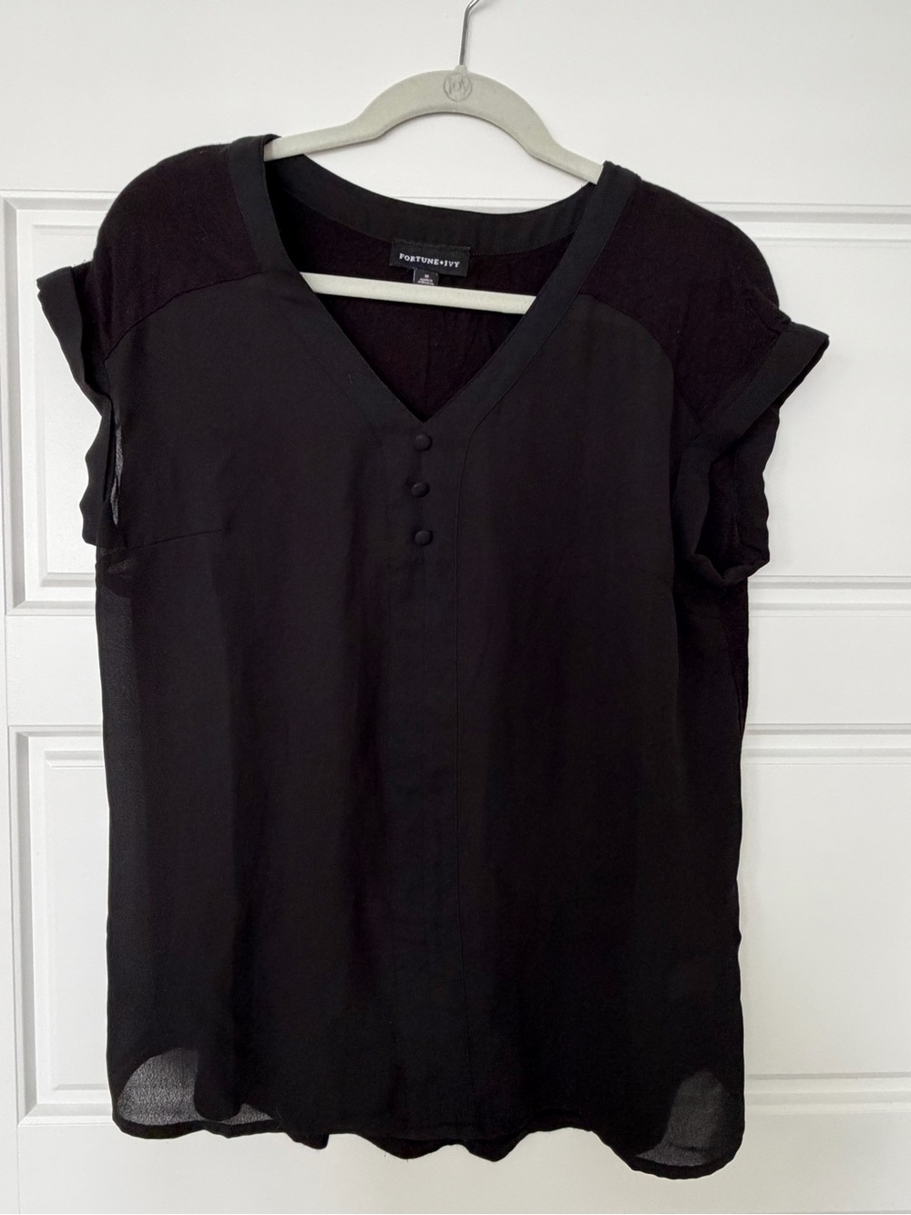Classic Black V-Neck Blouse with Covered Buttons